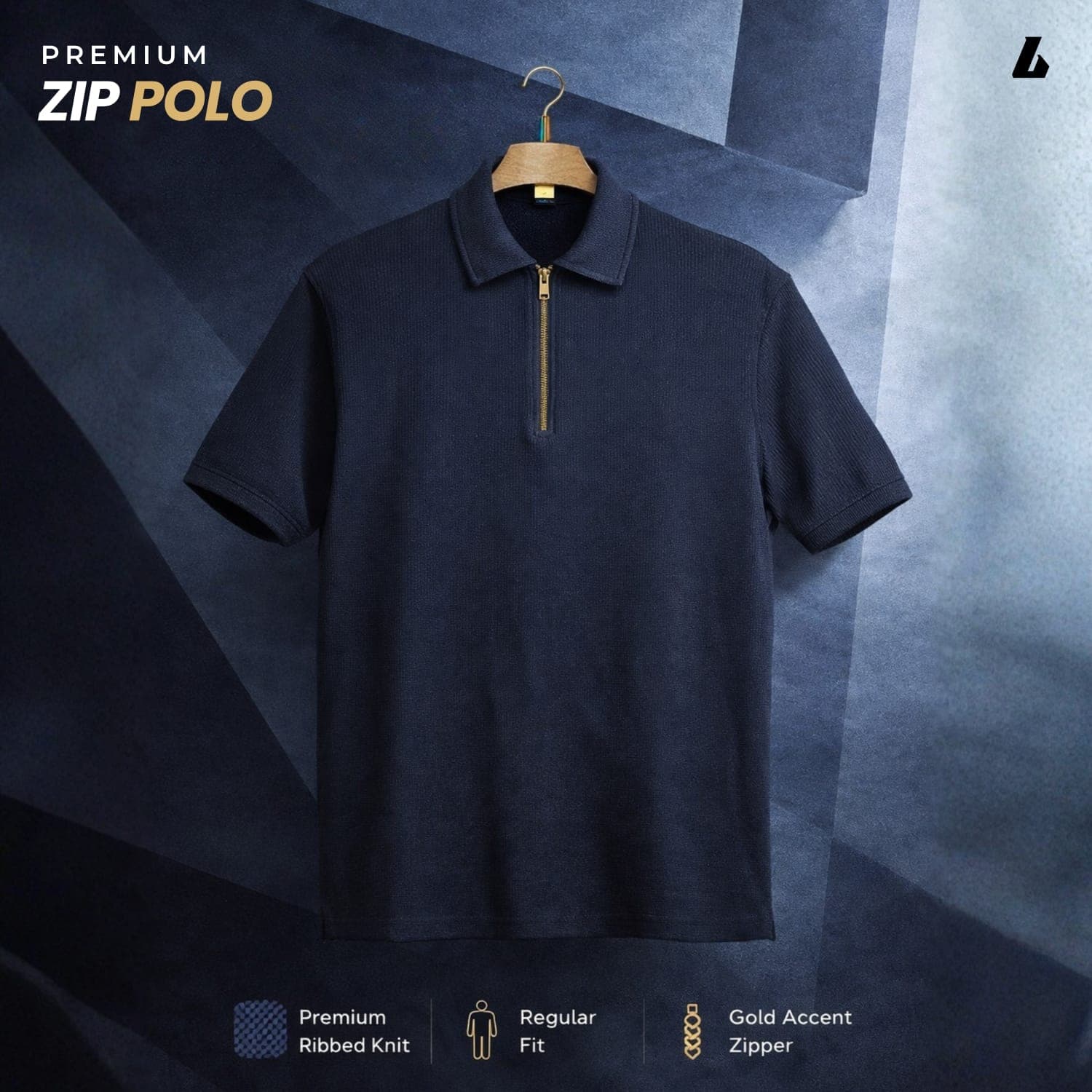Men’s Premium Waffle Zipper Polo(Blue)